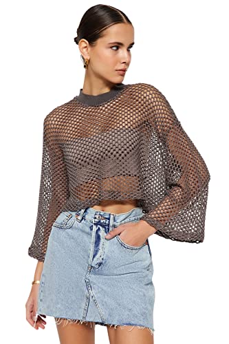 Trendyol Damski sweter oversize z okrągłym dekoltem z dzianiny, Norka, S