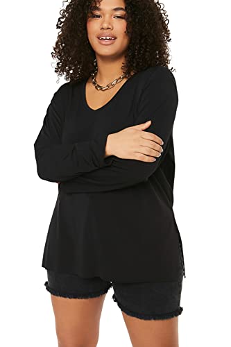 Trendyol Kobieta Regularny Standard V Neck Knit Plus Rozmiar Blouse Koszula Damska, Czarny, 44