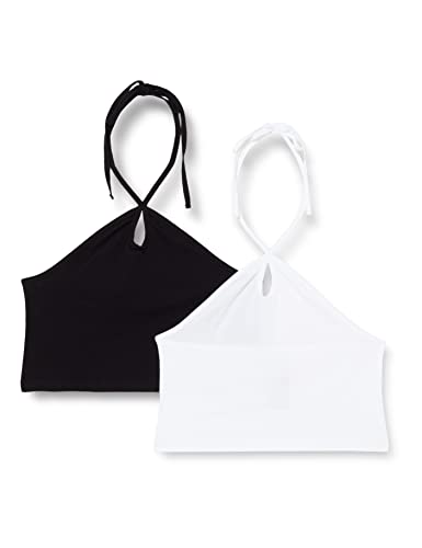 ONLY Women's ONLKIRA Crop Halterneck CS JRS 2-PK Top, Black/Pack:BRIGTH White, L