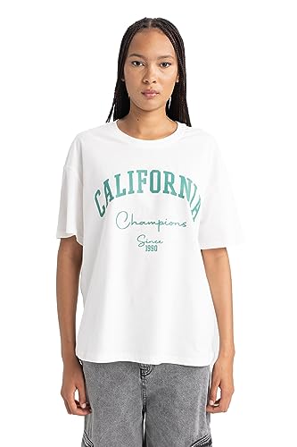 DeFacto Damska koszulka – klasyczna koszulka oversize dla kobiet – wygodna koszulka dla kobiet, écru, XS