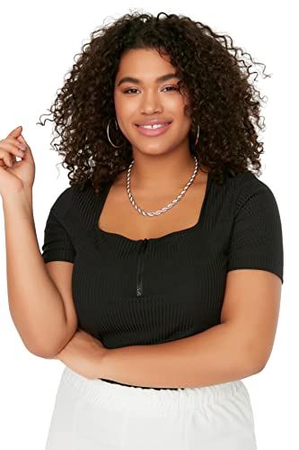 Trendyol Damska bluzka plus size dopasowana obcisła kwadratowy kołnierz dzianina plus size, czarna, 2XL, Czarny, XXL