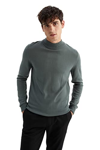 DeFacto Męski sweter z dzianiny z długim rękawem, okrągły dekolt, slim fit dla mężczyzn, topy (Dark Khaki, L), khaki (Dark Khaki), L