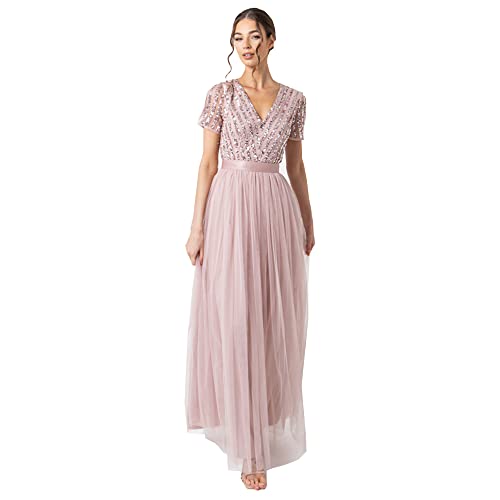Maya Deluxe Maxi Dress for Women Ladies Braidesmaid V-Neck Plus Size Ball Gown Short Sleeves Long Elegant Empire Waist Sukienka dla druhny, Taupe Blush, 46 kobiet, Taupe Blush, 46