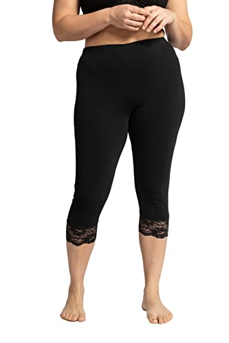 Ulla Popken Damskie spodnie Capri, elastyczne obszycie koronkowe, czarny, 50W / 32L