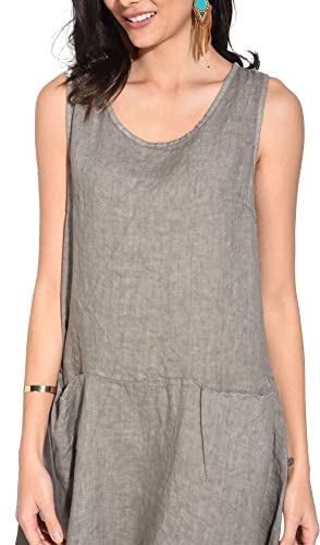 Bonateks damska sukienka 100% lniana wyprodukowana we Włoszech, trapezowa sukienka z koronką i półrękawami, czarna, rozmiar: S, czarny, S