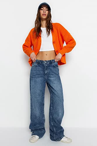 Trendyol FeMan Oversize Basic kardigan z dzianiny z dekoltem w serek, pomarańczowy, S, pomarańczowy, S