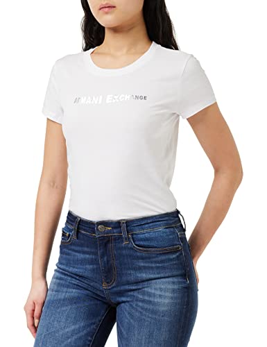 Armani Exchange Damska koszulka z krótkim rękawem, slim fit, okrągły dekolt, biały, rozmiar L, biały, L