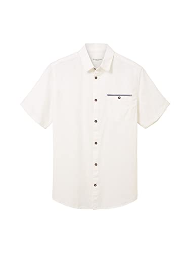 TOM TAILOR Chambray męska koszula z krótkim rękawem z kieszenią na piersi, 10332 – Off White, S