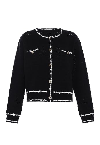 faina Damski sweter w stylu vintage Button Contrast Knitted Cardigan Akryl czarny WOLLWEISS rozmiar M/L, czarny wełniany biały, M