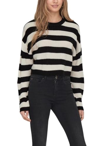 Bestseller A/S Damski sweter ONLMALAVI L/S Cropped KNT NOOS, Black/Stripes:Wide/Pumice Stone, XL, Black/Stripes:wide/Pumice Stone, XL