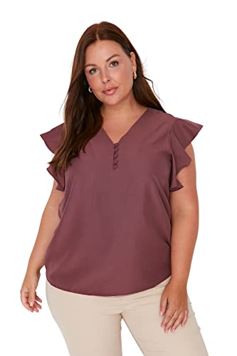 Trendyol Woman Regular Standard V Neck Woven Plus Size Bluzka Damska, Dusty Rose, 48