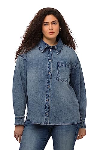 Ulla Popken Damska koszula dżinsowa, oversize, kołnierzyk koszuli, długi rękaw, kurtka wewnętrzna, Blue Denim, 58/60
