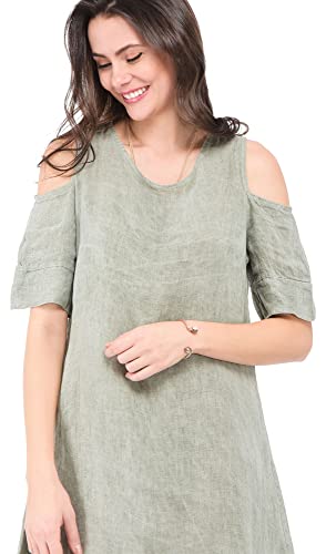 Sukienka damska 100% lniana Made in Italy, puszysta sukienka z okrągłym dekoltem i kieszeniami, czarna, rozmiar: XL, czarny, XL