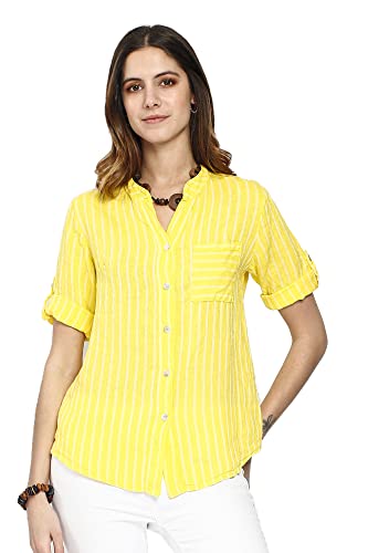 Bonateks Koszula damska 100% lniana Made in Italy Żółty/Biała Rozmiar: XL, Żółty/Biały, XL