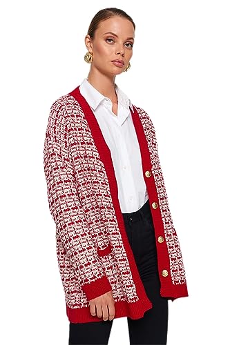 Trendyol FeMan Oversize Basic kardigan z dzianiny z dekoltem w serek, czerwony, S, Czerwony, S