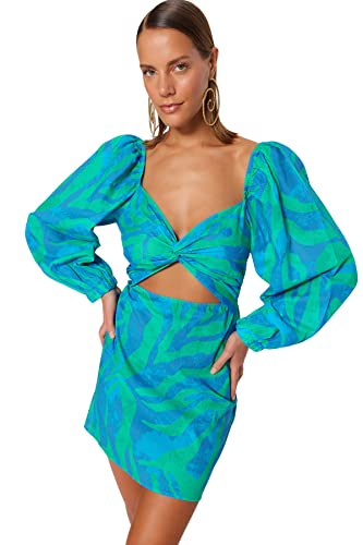 Trendyol Damska sukienka o regularnym kroju, niebiesko-wielokolorowa, 36, Niebiesko-wielokolorowy, 34