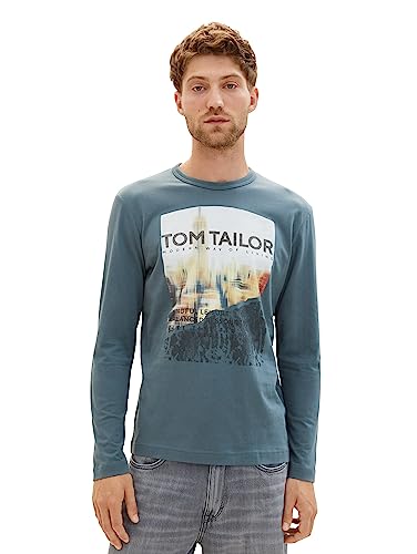 TOM TAILOR Męska koszulka z długim rękawem z nadrukiem fotograficznym z bawełny, 32506-dusty dark teal, 3XL