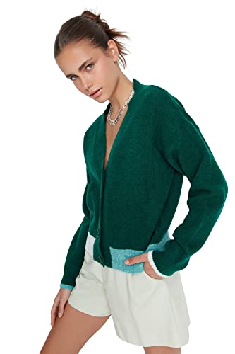 Trendyol Damski sweter z dzianiny o regularnym kroju z dekoltem w serek, zieony (Szmaragdowa zieleń), S