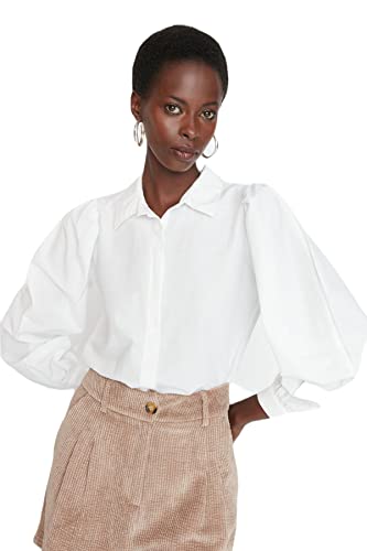 Trendyol Damska koszula z regularnym kołnierzem Basic Tkana koszula, Ecru, 62