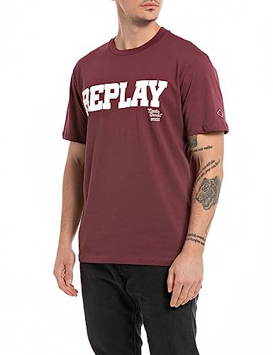 Replay Męski T-shirt z krótkim rękawem, okrągły dekolt, logo, czerwony (Amaranth Red 164), M, Amaranth Red 164, M