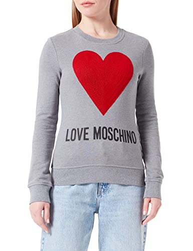 Love Moschino Damska bluza z okrągłym dekoltem o kroju slim fit z długim rękawem i sercem maxi z haftowanymi cekinami i logo, nadruk wodny, Średni melanż szary, 72