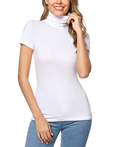 Irevial Damski T-shirt elegancki Basic Slim Fit Top dla kobiet z krótkim rękawem ze stójką, biały, M