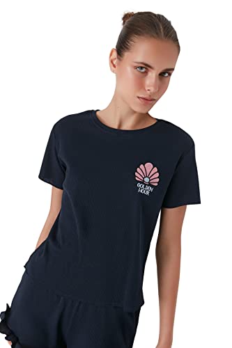 Trendyol Damska koszulka z dzianiny z jednolitym detalem z dzianiny środkowej — krótki zestaw piżamowy, granatowy, S