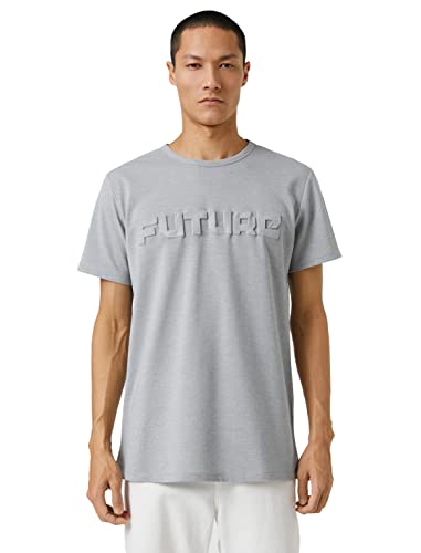 Koton Męski T-shirt Basic z nadrukiem z okrągłym dekoltem i krótkim rękawem, Szary (023), L