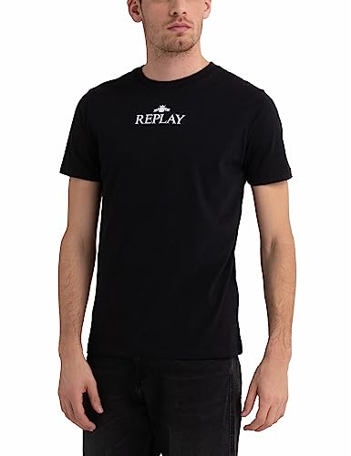 Replay T-shirt męski z krótkim rękawem z nadrukiem logo, 098 BLACK, L