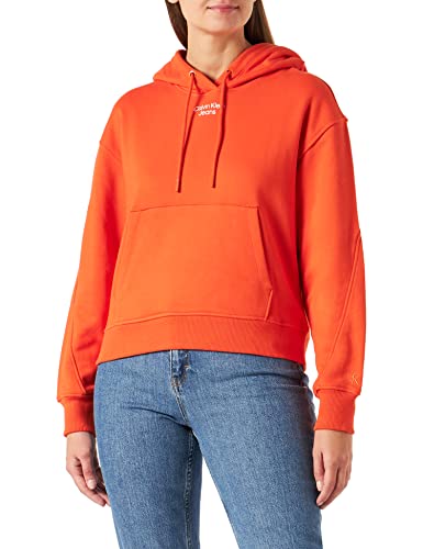 Calvin Klein Jeans Damska bluza z kapturem z logo w stosie ciężkie dzianiny, Koralowy Pomarańczowy, XXL