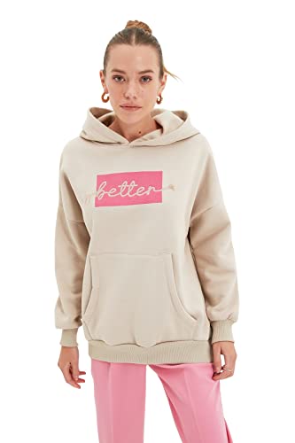 Trendyol Damska bluza z kapturem z sloganem, Stone, XS, KAMIEŃ