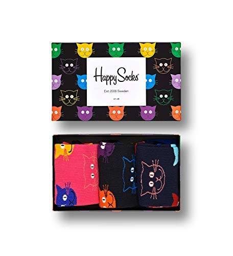 Happy Socks 3-Pack Cat Gift box, kolorowe i zabawne, Skarpetki dla kobiet i mężczyzn, Czarny-Niebieski-Zielony-Pomarańczowy-Liliowy-Żółty (41-46)