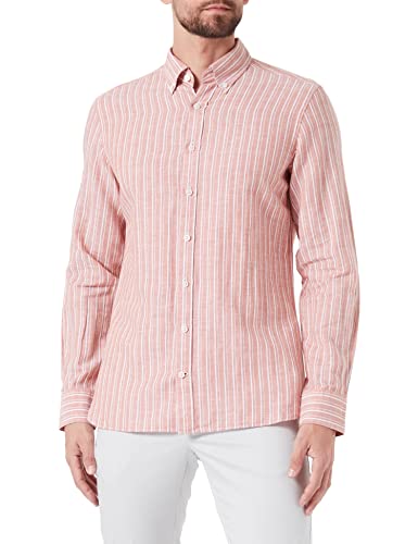 Hackett London Męska koszula lniana w paski, Rdza/Biały, L