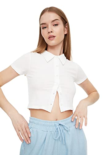 Trendyol Damska bluza White Polo Collar Piping Knitted Blouse, biały, L