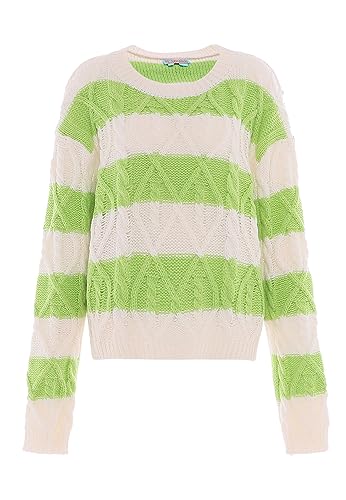 Libbi Damski sweter z dzianiny Wełnowobiały limonkowy M/L, Wełna biała, limonka, M