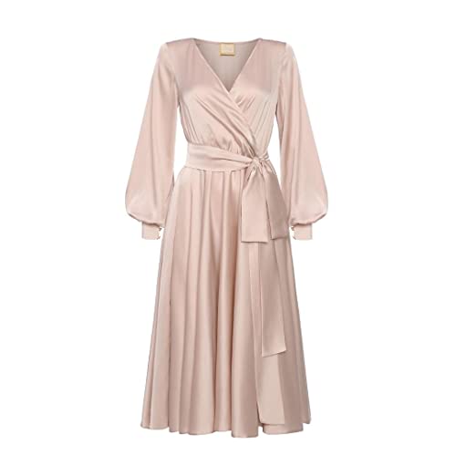 Swing Fashion Damska sukienka midi | elegancka sukienka odświętna sukienka na imprezę, suknia wieczorowa, suknia ślubna, sukienka balowa, dekolt w serek, długi rękaw, beżowy, XL