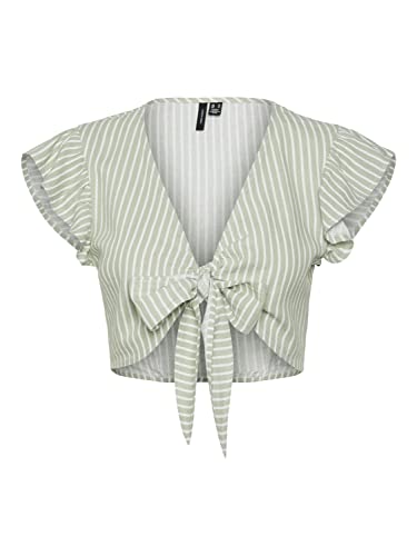 VERO MODA Women's VMMYMILO SL Crop TIE WVN GA Top, Reseda/Stripes: Snow White, L, Reseda/paski: śnieżnobiały, L