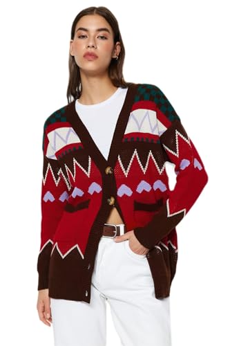 Trendyol FeMan Oversize Basic kardigan z dzianiny z dekoltem w serek, kafelki, S, Płytka, S
