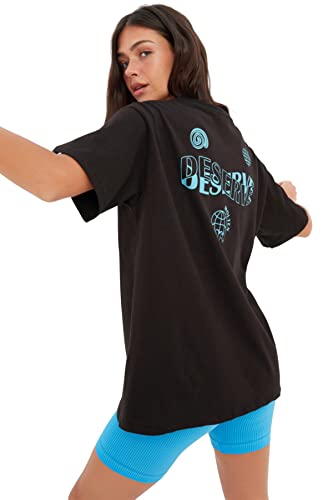Trendyol Damska koszulka oversize z okrągłym dekoltem, Czarny, XS