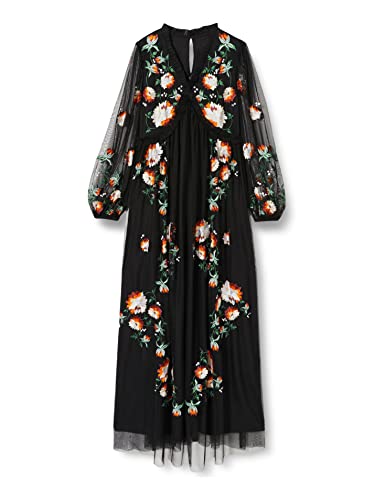 Frock and Frill Damska sukienka z haftem kwiatowym na specjalne okazje, Czarny, 36