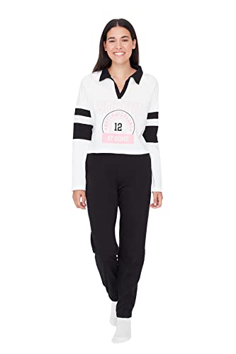 Trendyol Damska koszulka z dzianiny średniej średniej długości — spodnie piżamowe zestaw, Ecru, S