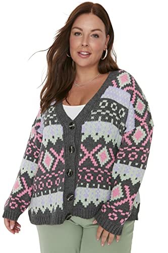Trendyol Damski sweter rozpinany z dekoltem w serek, geometryczny wzór, regularny sweter plus size, antracytowy, 2XL, Antracyt, XXL