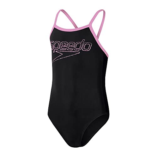 Speedo Girl's Boom Logo Thinstrap Muscleback czarny/różowy strój kąpielowy/kostium kąpielowy, Czarny/różowy Taffy, 10 lat