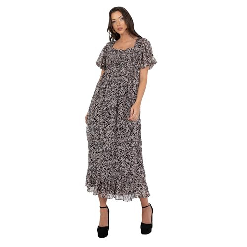 Lovedrobe Damska sukienka Midaxi Ladies Animal Print Square Neck Short Puff Sleeves Tie Back A-line Shirred Waist Smart Casual, beżowa, 24, beżowy, 52