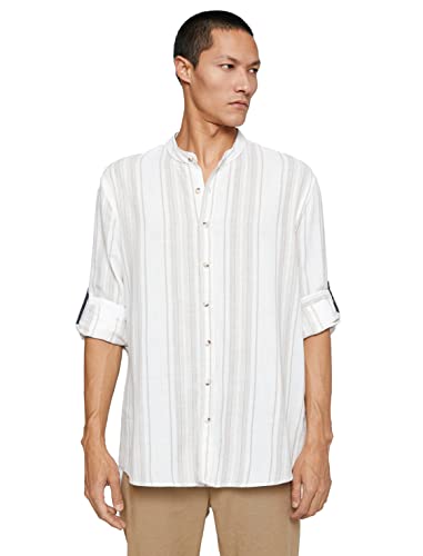Koton Męski Basic Mandarin Collar Long Sleeve Buttoned Shirt, Beżowy pasek (23N), XL