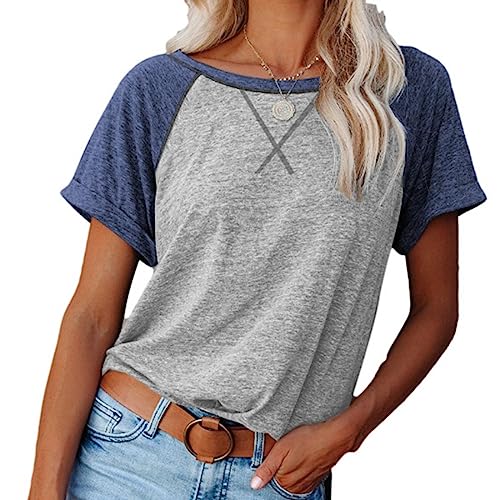 Clotth Damska koszulka Colorblock Crossover Loose Top z krótkim rękawem Casual T-Shirt, P-light grey-xxl, XXL