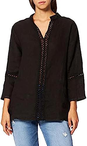 Bonateks, Tunezyjska tunika z kołnierzem z koronką i rękawami 3/4, 100% len, rozmiar DE:40, rozmiar US:XL, topy, czarna - wyprodukowano we Włoszech, czarny, 40