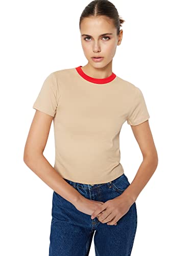 Trendyol Damska koszulka z dzianiny slim fit basic z okrągłym dekoltem, BEŻOWY, L