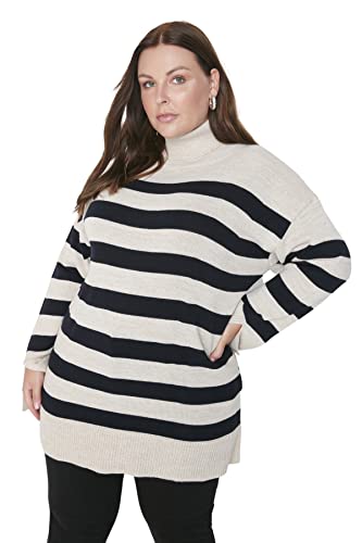 Trendyol Damska bluza z golfem w paski, regularny sweter plus size, BEŻOWY, XL duże rozmiary