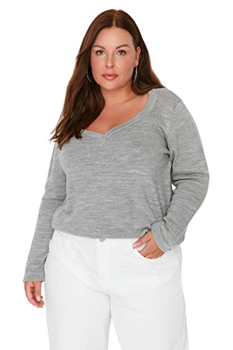 Trendyol Damska bluza z dekoltem w serek zwykły zwykły sweter plus size, Jasnoszary, XXL